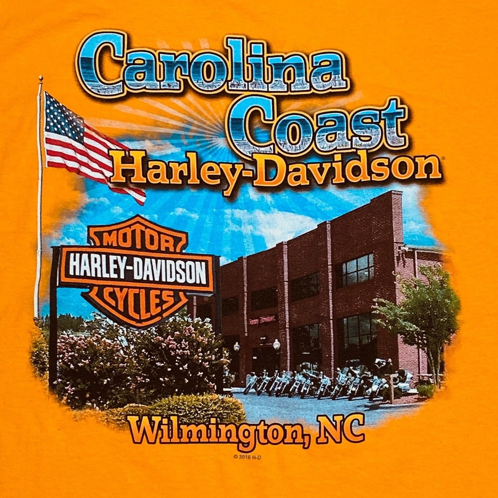 Harley-Davidson Graphic T-Shirt Mens Large Orange Carolinaโ Coast Wilmington NC